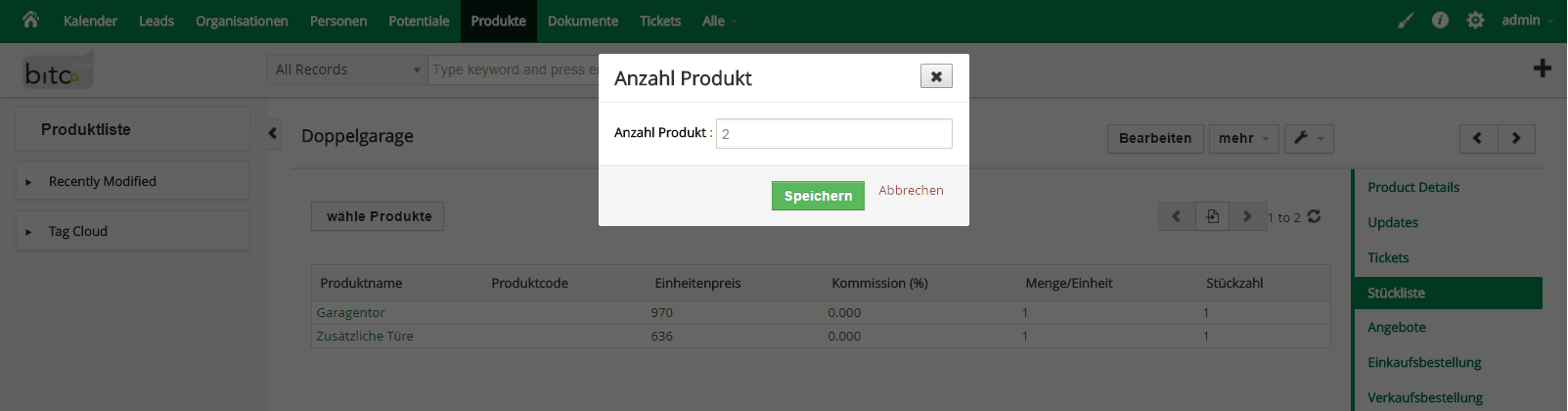 Vtiger Stückzahl für Unterprodukt erfassen