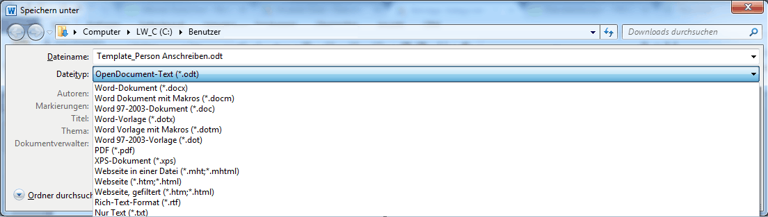 Speichern des MS Word Template im ODT-Format