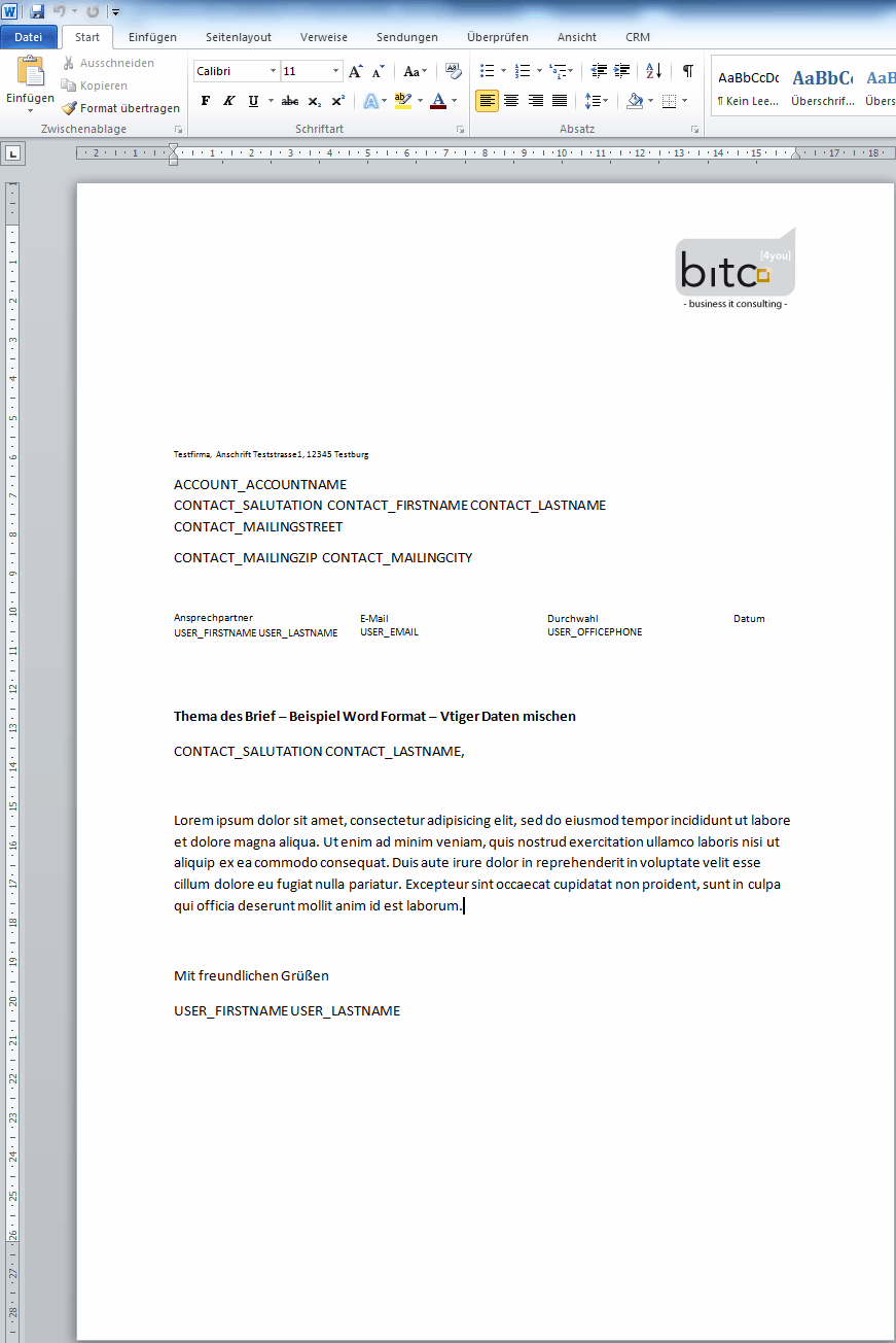 Vtiger Word Template mit Ersetzungstexten